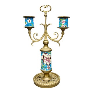 Antique Longwy France 1920s Turquoise Floral Enamel and Brass Two Arm Candelabra For Sale