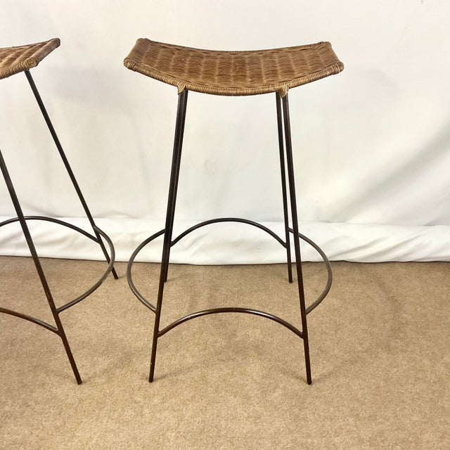 Arthur Umanoff Mid-Century Boho Chic Arts & Crafts Arthur Umanoff Wicker and Iron Barstools - A Pair For Sale - Image 4 of 9