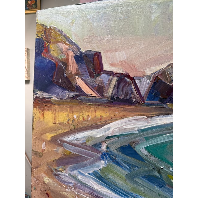 “Rodeo Beach” 32”x 35”. The juxtaposition of the deep, moody purples in the cliffs against that bright, acidic greens...