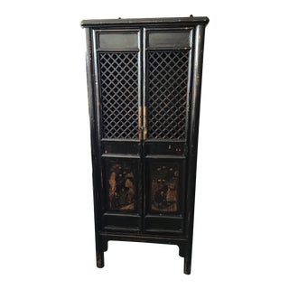 Antique Asian Hand Painted Lattice Ladies Armoire For Sale