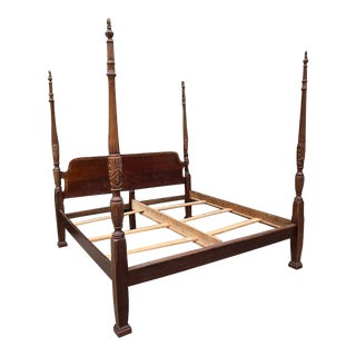 Vintage King Size Mahogany Rice Carved Poster Bed Frame For Sale