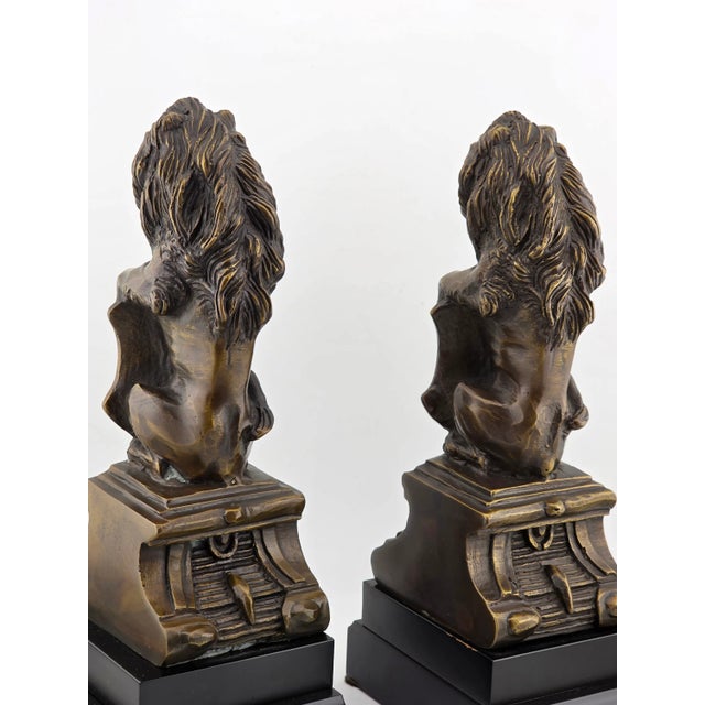 Rare Antique Pair of Victorian-Era Bronze Lion Rampart Bookends on Pedestal. For Sale - Image 11 of 16