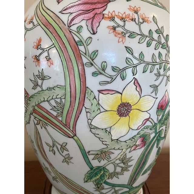 Late 20th Century Floral Ceramic Table Lamp With Celadon Glaze, Mahogany Base and Solid Brass Lid For Sale - Image 11 of 12