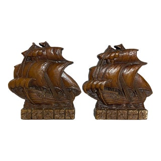 1950s Coastal Nautical Tall Mast Ship Bookends - a Pair. For Sale