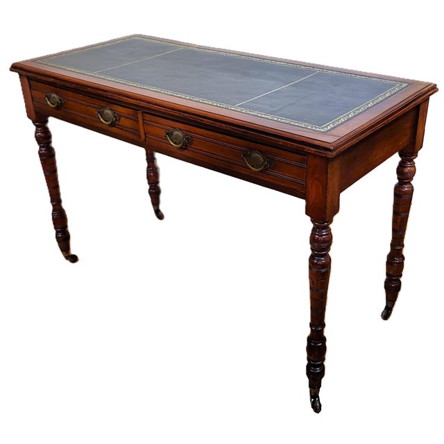 19th C English Victorian Carved & Gilt Tooled Leather Top Library Table Desk For Sale - Image 4 of 17