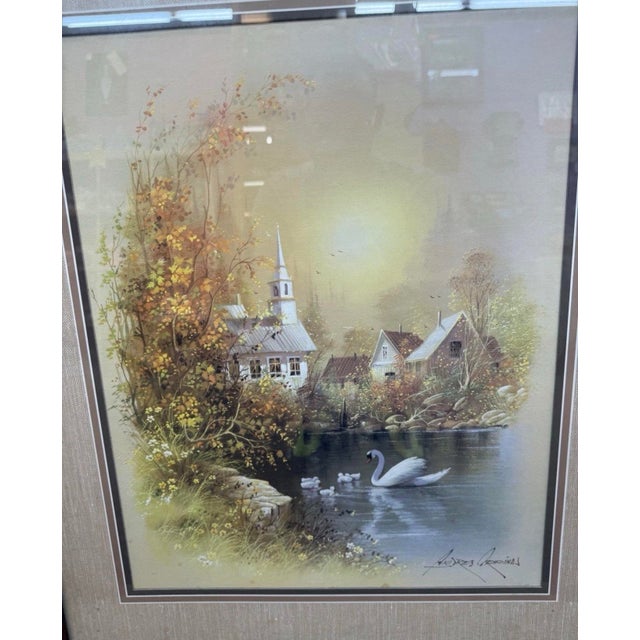 Art Deco 1970s Art Andres Orpinas Signed Painting Church Pond Swan With Frame For Sale - Image 3 of 4