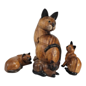 Vintage Carved Wood Siamese Cat & Kittens – Primitive Folk Art Set of 4, 20.5"