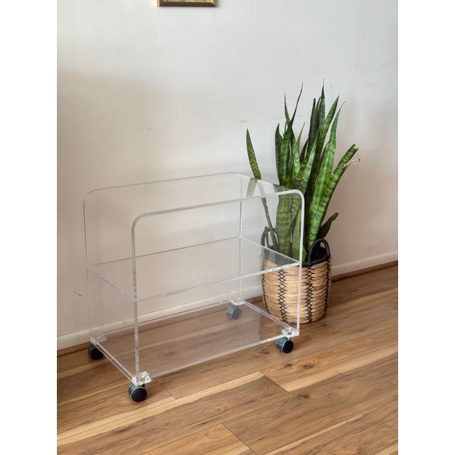 Three-level vintage 1980s Clear Lucite Bar Cart on Wheels