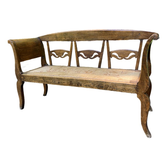 Early 19th Century Carved Elm Bench, Rush Seat For Sale
