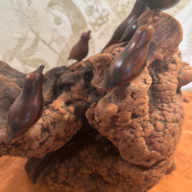Vintage 7 Wooden Birds on Carved Burl Wood Sculpture For Sale - Image 9 of 12