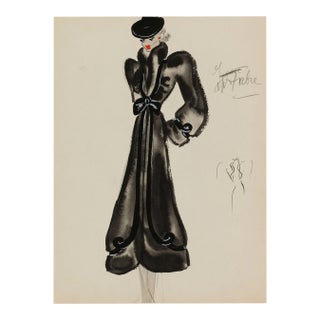 Vintage French Fashion Art Print – Black Bow Coat Illustration, 30" X 40" For Sale