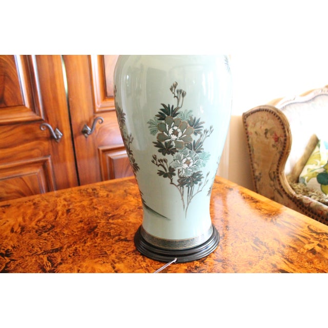 Large Japanese Celadon Blue and Gilt Peacock Vase Adapted Into a Lamp For Sale - Image 12 of 16