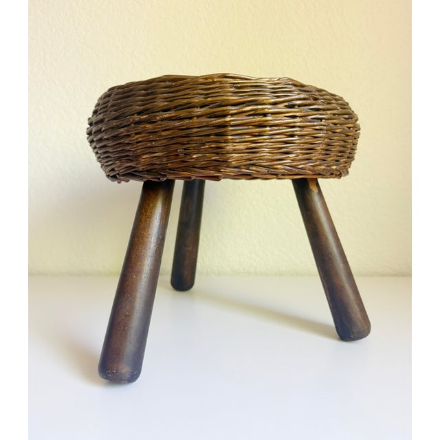 Wood Wicker Tripod Stool, Tony Paul, 1950s, Attributed For Sale - Image 7 of 12