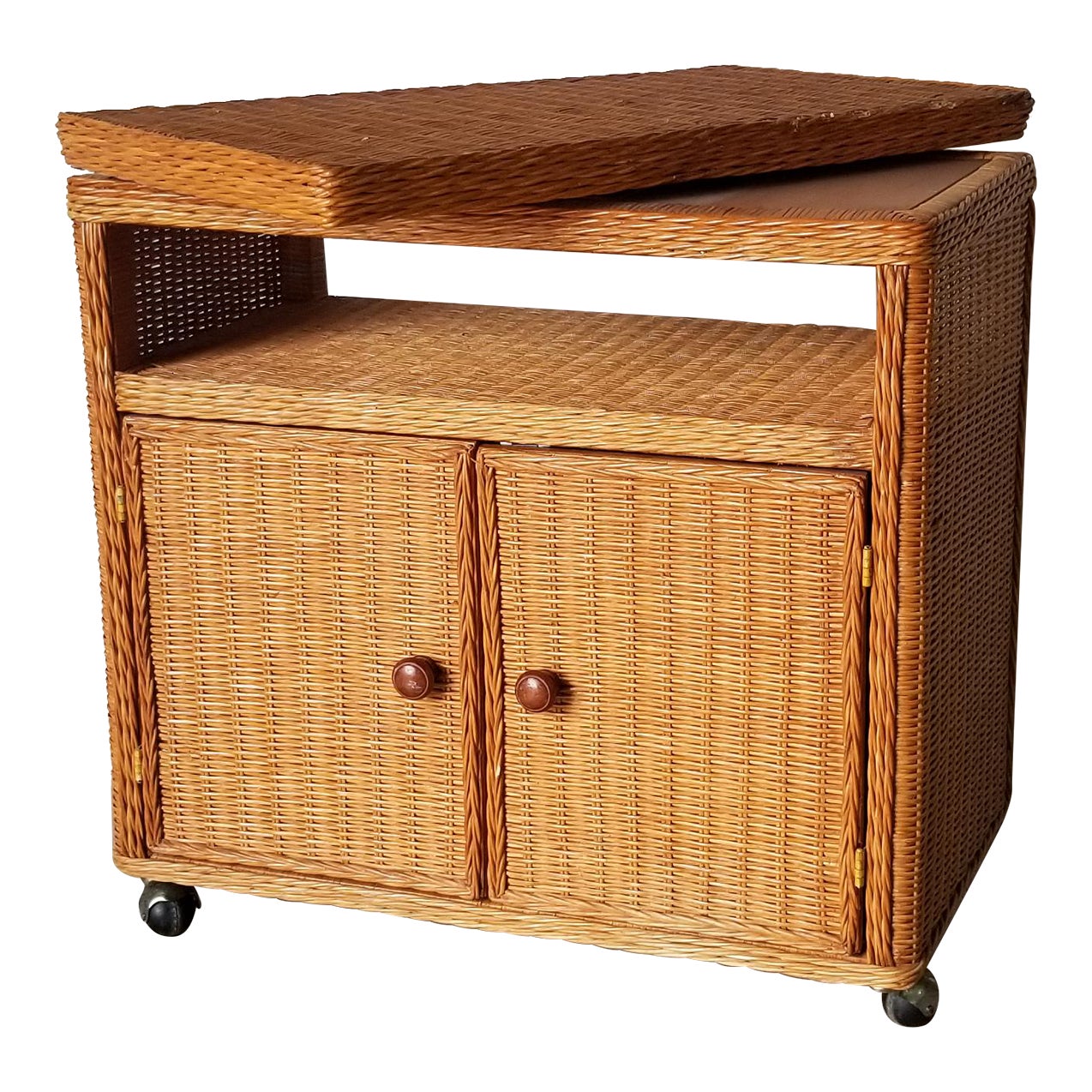 Vintage Woven Wicker Tv Stand With Swivel Top Chairish