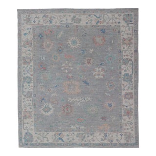 All Over Modern Floral Oushak With a Light Blue-Gray Field and Border With Color For Sale