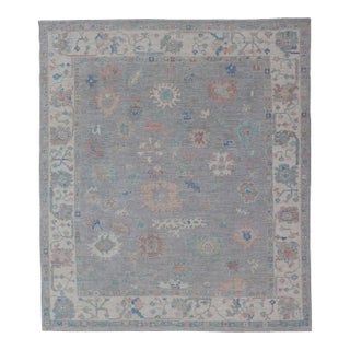 All Over Modern Floral Oushak With a Light Blue-Gray Field and Border With Color For Sale