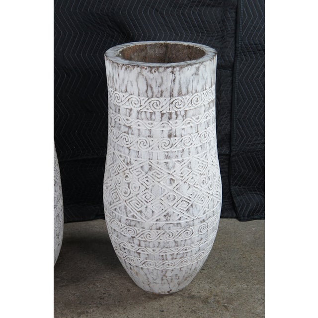 Late 20th Century 2 Bohemian Carved Palm Tree Trunk Planters Boho Chic Sculptural Vase Pair 40" For Sale - Image 4 of 12