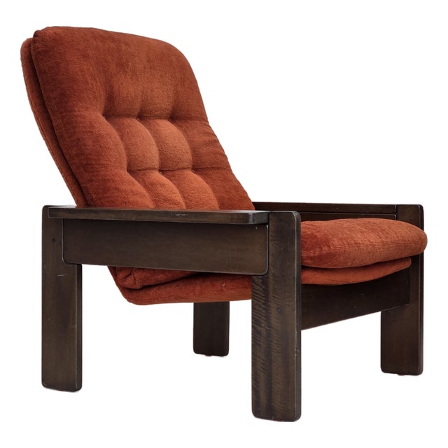 Danish Armchair in Orange-Red Velour and Dark Oak Wood, 1970s For Sale