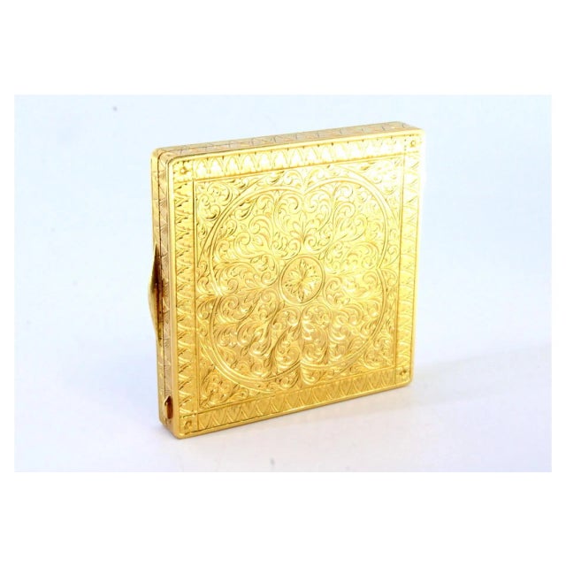 Gold Gold Toiletry Box with Geometric Relief Figures, Enamelled Panel, Chiseled Casing with Cutouts, Mirror and Powder Puff Net For Sale - Image 8 of 14