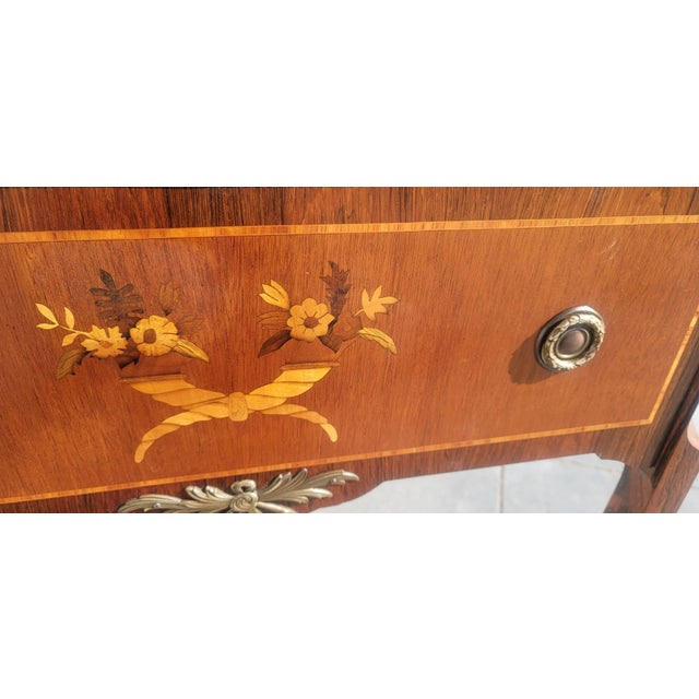 Wood Vintage Inlaid Marquetry French Commode Louis XV Chest of Drawers Marble Top Ormolu For Sale - Image 7 of 8