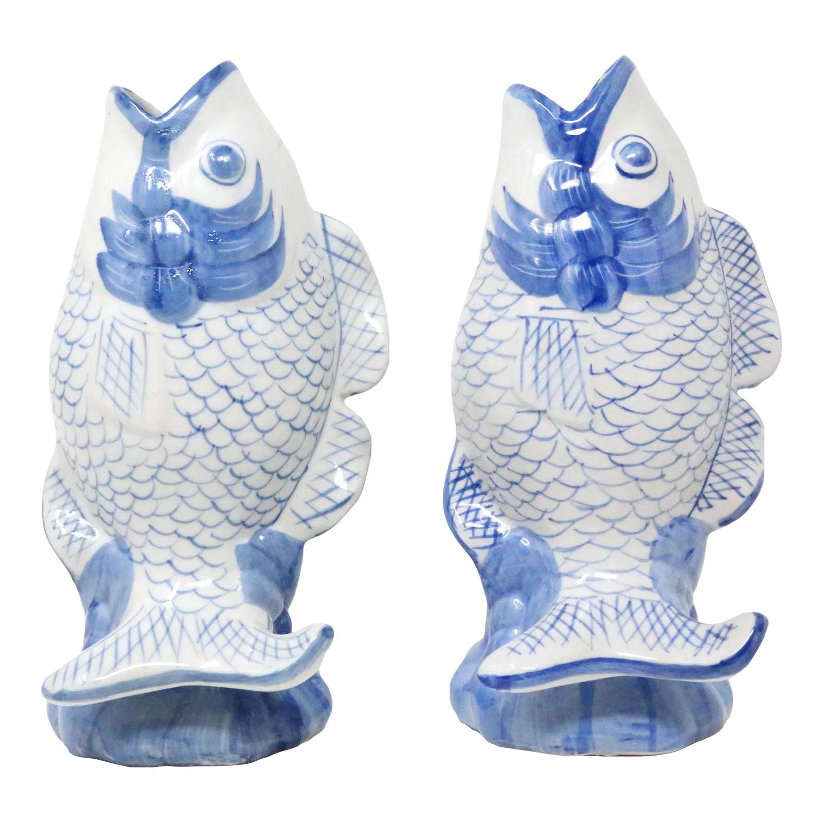 Vintage Blue and White Koi Fish Vases a Pair Chairish