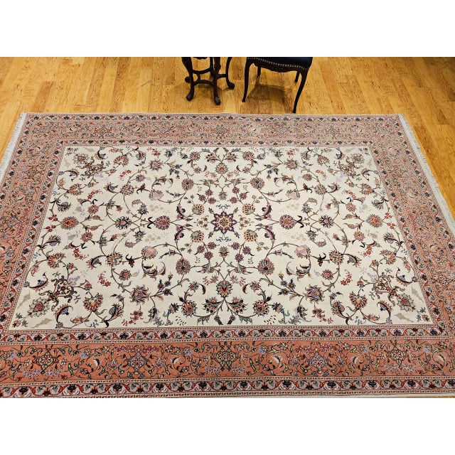 Vintage Persian Tabriz Rug, Hand-Knotted Wool & Silk, Allover Floral Pattern, Ivory & Pale Red, 7x10 For Sale - Image 11 of 18