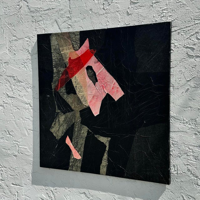 This striking vintage abstract mixed media oil on canvas features bold geometric forms in deep blacks, grays, and rich...