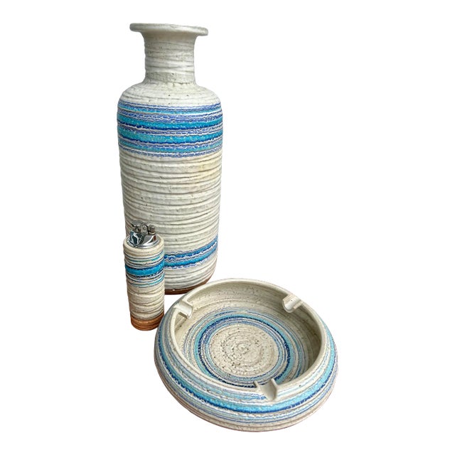 1960’s Italian Aldo Londi “Pietra” Vase, Ashtray, & Table Lighter for Bitossi - Set of 3 For Sale