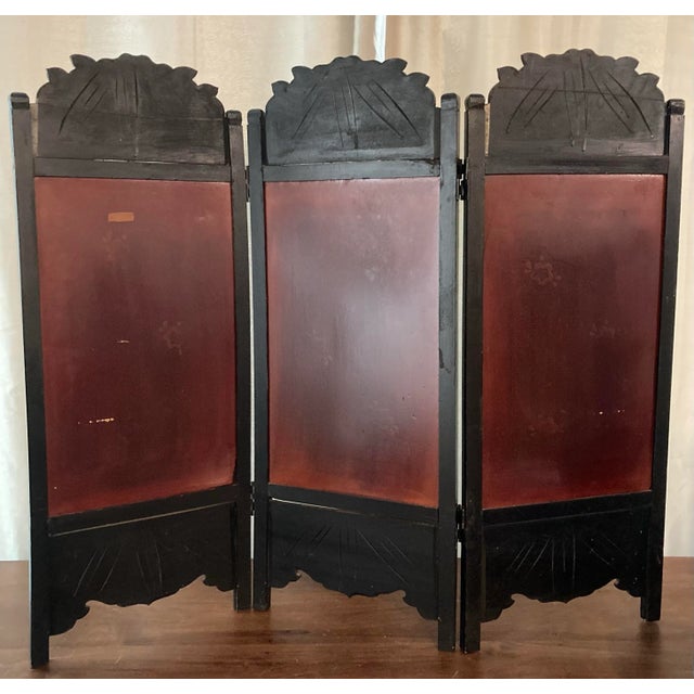 Vintage Tabletop Ebonized Wood & Inlaid Mother-of-Pearl Chinoiserie Folding Screen for Palm Beach Regency, British Colonial & Traditional Decor For Sale - Image 10 of 12