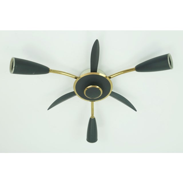 Mid-Century Modern Sputnik Three-Light Ceiling Fixture in Brass and Dark Grey Metal, 1950s For Sale - Image 10 of 11