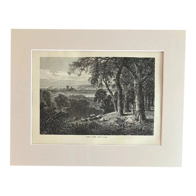 Antique 1874 Wood Engraving "View from West Park" PA in Frame-Ready 11x14 Mat For Sale