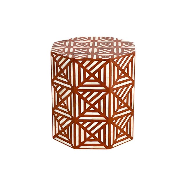 Bone Inlaid Drum Side Table: The traditional drum table gets a contemporary twist with a bold geometric pattern and brown...