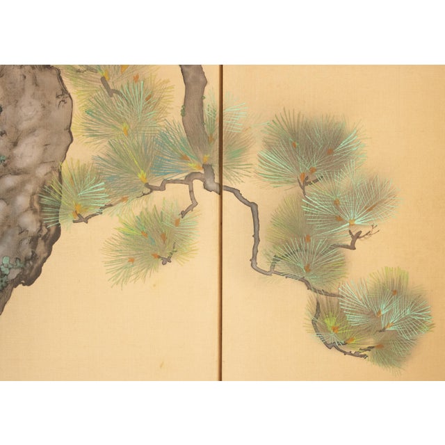 Asparagus "White Peacock & Peony" by Ryumin, Large Vintage Japanese Painted Silk Byobu Screen For Sale - Image 8 of 18