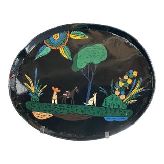 Antique Tole Black Powder Coated Tlaquepaque Style Handled Servng Tray For Sale