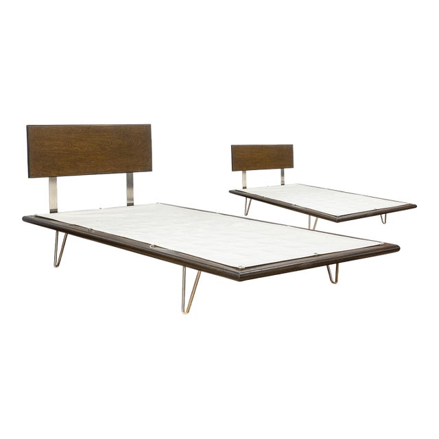 Pair of Modernica Case Study Hairpain Leg Walnut Wood Twin Bed Frames For Sale