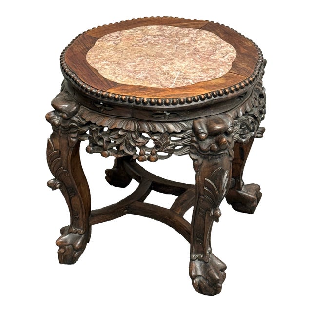 Antique Chinese Carved Rosewood + Marble Plant Stand For Sale