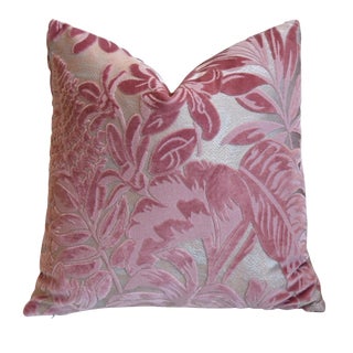 Pink Rose Botanical Floral Leaves Velvet Feather/Down Pillow 17” Square For Sale