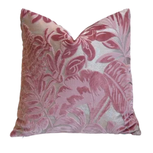 Pink Rose Botanical Floral Leaves Velvet Feather/Down Pillow 17” Square