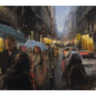 Madrid by Jacob Dhein | Oil on Panel City street scene with people under umbrellas at dusk For Sale