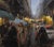 Madrid by Jacob Dhein | Oil on Panel City street scene with people under umbrellas at dusk For Sale