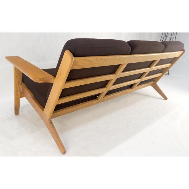 Solid Oak Frame Brown Upholstery MCM Style 3 Seat Sofa Clean! For Sale - Image 6 of 16