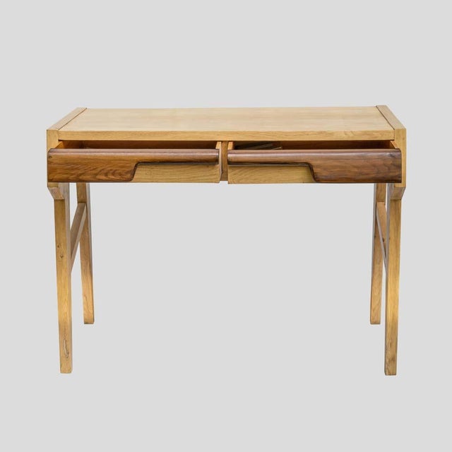 A vintage mid century Italian modernist organic design desk console table with 2 drawers. Blond wood with darker wood drawers