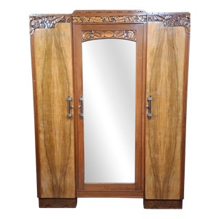 Art Deco Style Three-Door Mirrored Wardrobe in Fruitwood Veneer, 1930s For Sale