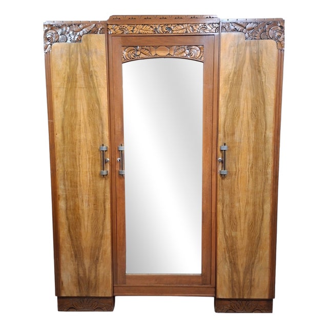 Art Deco Style Three-Door Mirrored Wardrobe in Fruitwood Veneer, 1930s For Sale