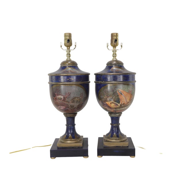Vintage Hollywood Regency-Style Hand-Painted Seashell Trophy Table Lamps - Pair For Sale - Image 13 of 13