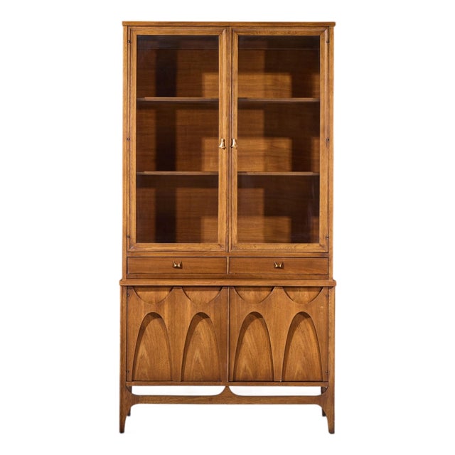 Broyhill Brasilia Mid Century Walnut and Brass Credenza With Hutch For Sale