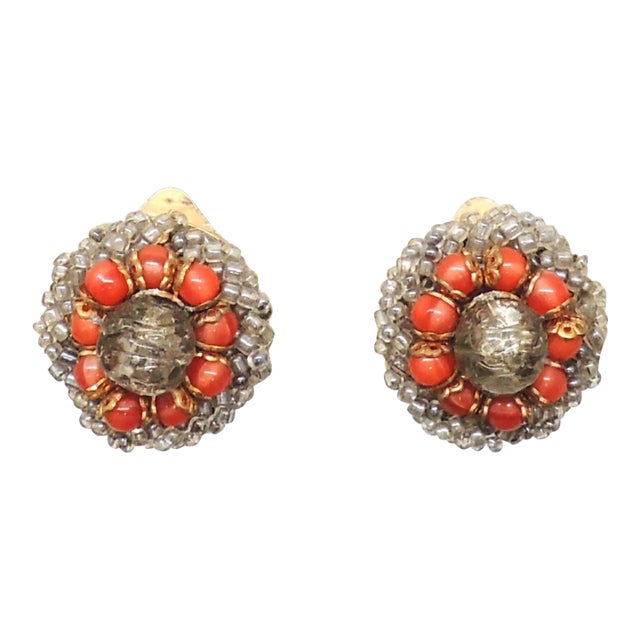 Vintage 1960s Signed Ornella Italy Glass Beaded Clip Earrings For Sale