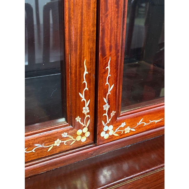 Vintage Chinese Rosewood Mother-of-Pearl Inlaid China Cabinet – 2 Pieces For Sale - Image 4 of 18
