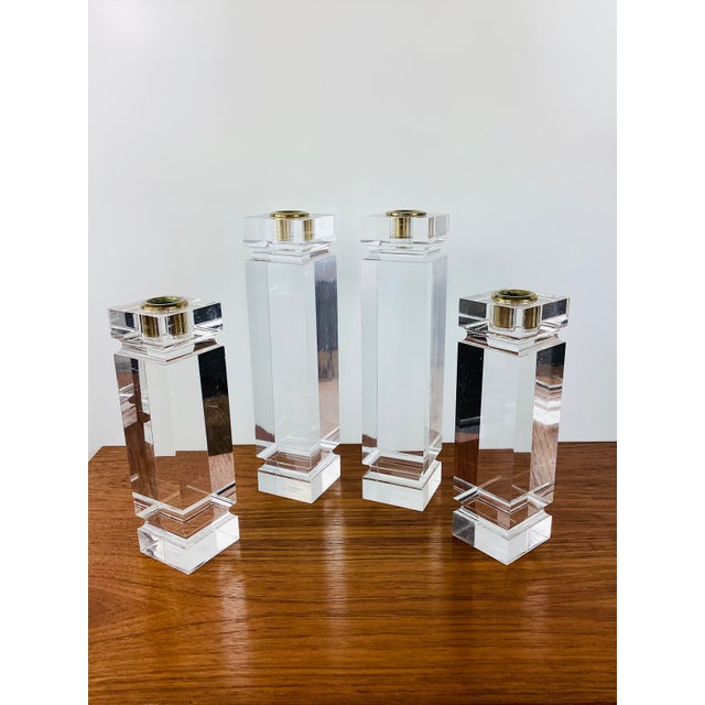 Karl Springer Vintage Karl Springer Style Chunky Clear Lucite Set of 4 Candle Holders For Sale - Image 4 of 8