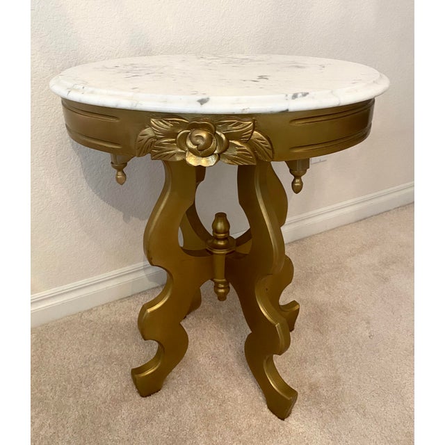 Vintage Victorian Style Oval Marble Top Gold Color Accent Table Excellent Condition For Sale - Image 9 of 10